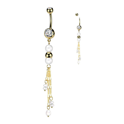 Surgical Steel Belly Ring 14G 10mm with Pearl & CZ Chain Dangle - photo 8