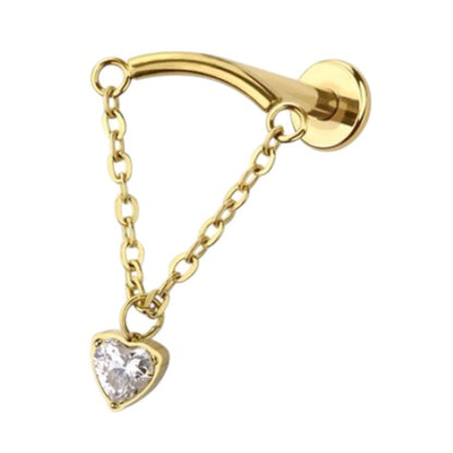 Surgical Steel Curved Labret Stud 18G 6mm & 8mm Heart Chain Dangle - photo 3