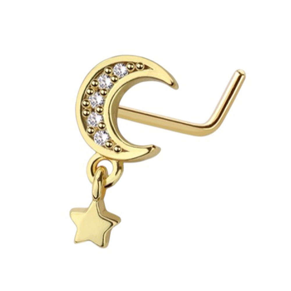 Surgical Steel L Shaped Nose Stud 20G 6mm with Dangle Star & CZ Moon - photo 3