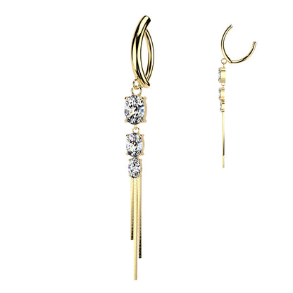 Surgical Steel 14 Gauge Hinged Belly  Ring with Chain Dangling CZ
