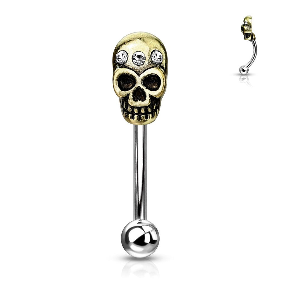 Surgical Steel 16 Gauge Eyebrow Barbell with CZ Antique Gold Skull - photo 4