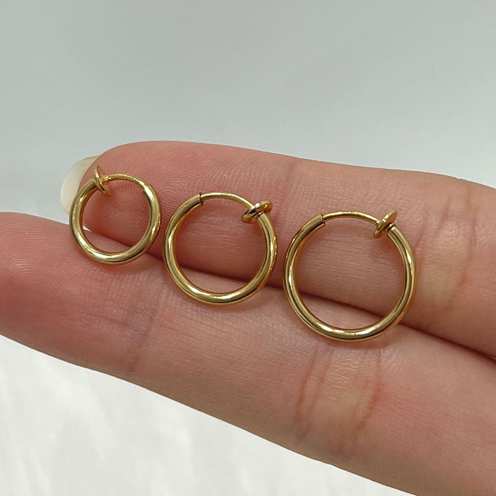 PVD Gold Surgical Steel Spring Loaded Fake Clip On Hoop Rings - Pair - photo 3
