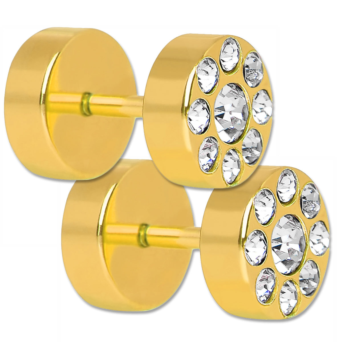 Surgical Steel PVD Gold Cluster CZ Fake Ear Gauges 16G 6mm - Pair