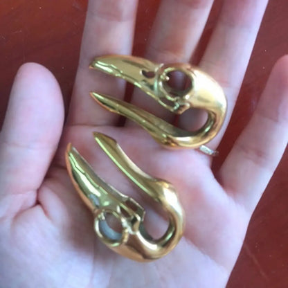 Surgical Steel Ear Weights with Gold Feather Crow Bird Skull - Pair - photo 4