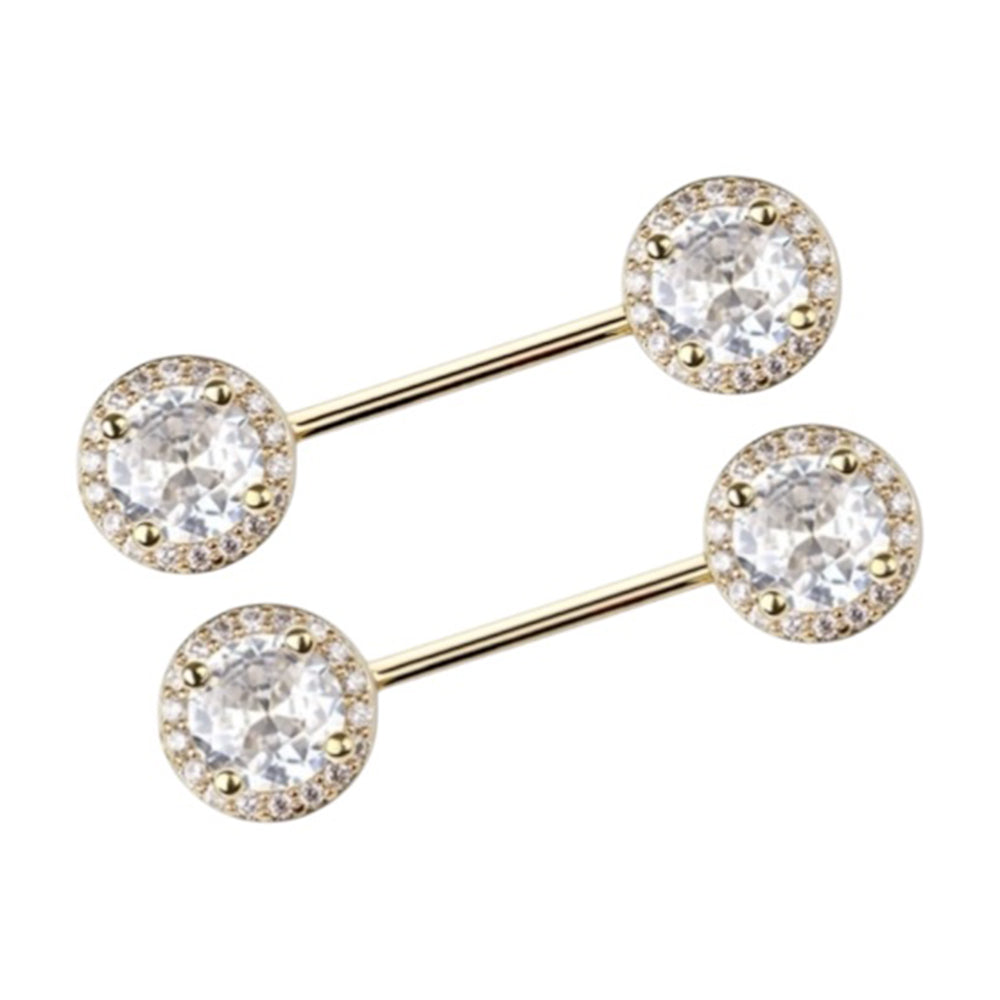Surgical Steel 14 Gauge Nipple Barbells with Halo Frame CZ - Pair - photo 4