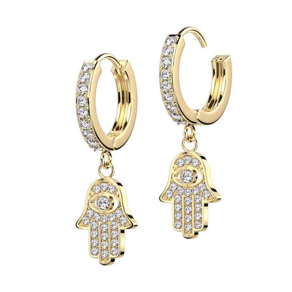 Surgical Steel 18G Paved CZ Hamsa Evil Eye Dangle Hoops - Pair