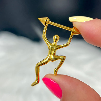 Surgical Steel 14 Gauge Nipple Barbell with Gold Climbing Figure - Pair
