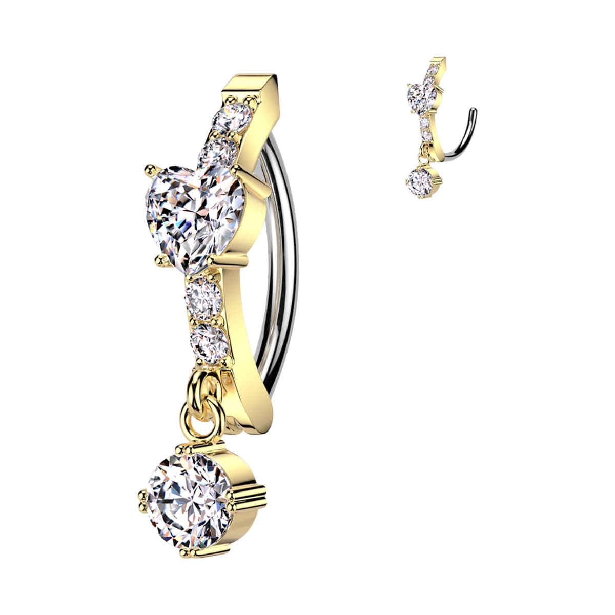 Surgical Steel Hinged Belly Ring 14G 12mm with CNC-Set CZ Heart Dangle - photo 4