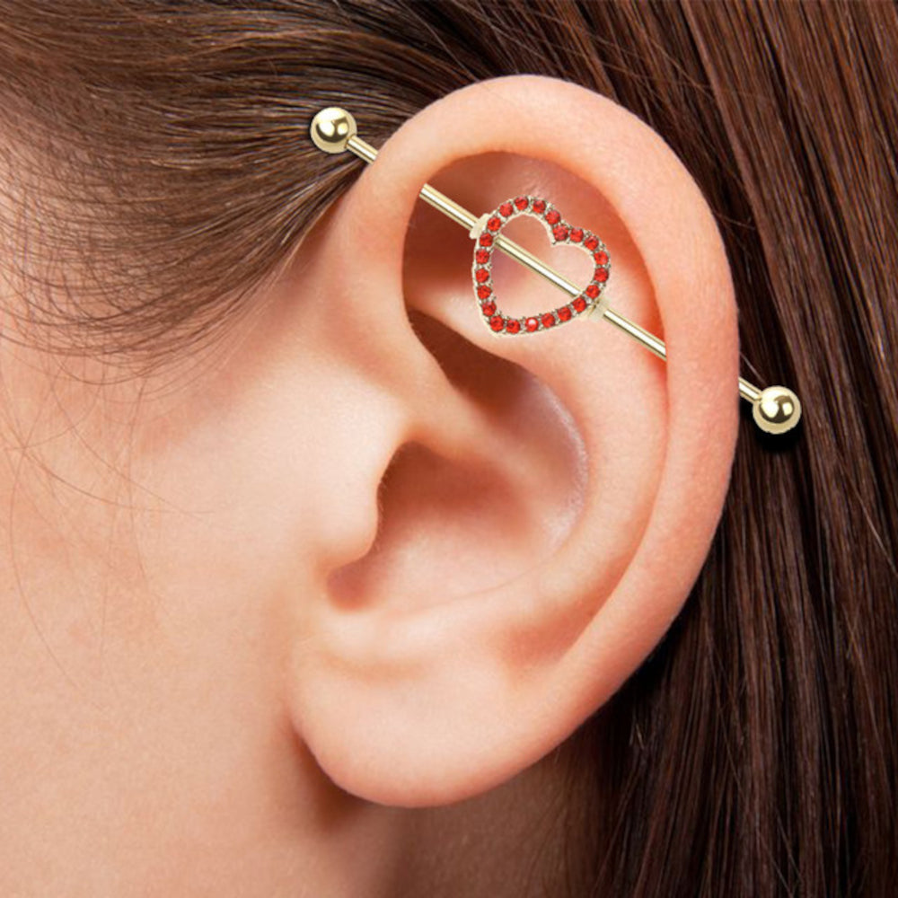 Surgical Steel 14 Gauge Industrial Barbell with PVD Gold Red CZ Heart - photo 3
