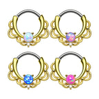 PVD Gold Surgical Steel 16 Gauge Lace Opal Septum Clicker Hoop - 10mm