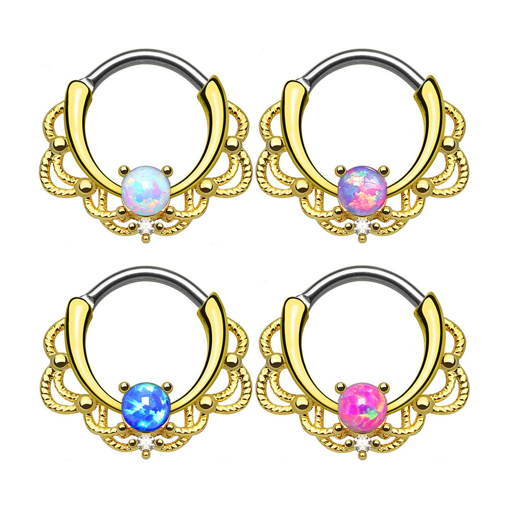 PVD Gold Surgical Steel 16 Gauge Lace Opal Septum Clicker Hoop - 10mm