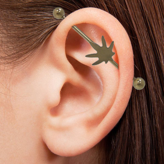 PVD Gold Surgical Steel 14 Gauge Industrial Barbell with Pot Leaf - photo 2