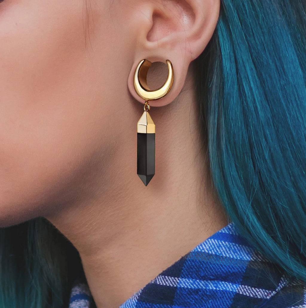 PVD Gold Surgical Steel Dangle Onyx Crescent Moon Saddle Plugs - Pair - photo 2