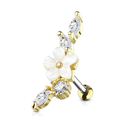 Surgical Steel 16 Gauge Tragus Barbell with CZ Pearl Flower Tops - photo 5