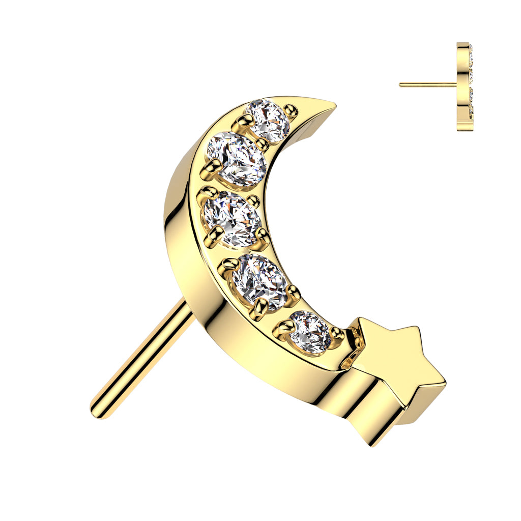 Surgical Steel Threadless CNC Set CZ Crescent Moon Star Top