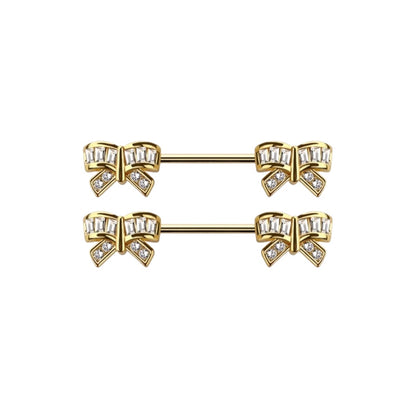 Surgical Steel 14 Gauge Nipple Barbell with CZ Ribbon - Pair