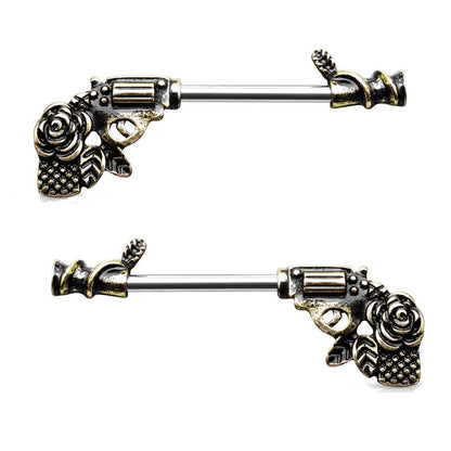 Surgical Steel 14 Gauge Nipple Barbell with Antique Rose Pistol - Pair - photo 2