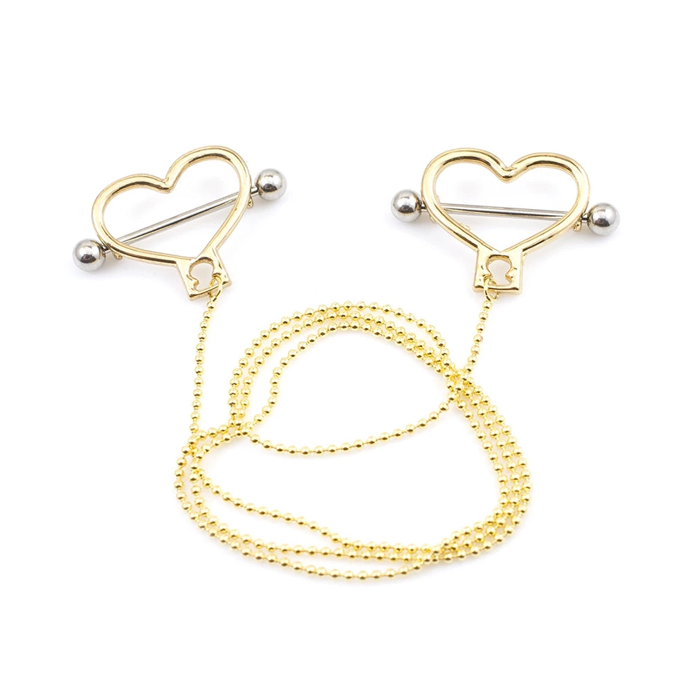 Surgical Steel 14 Gauge Nipple Barbells with Heart Dangle Chain - Pair - photo 4