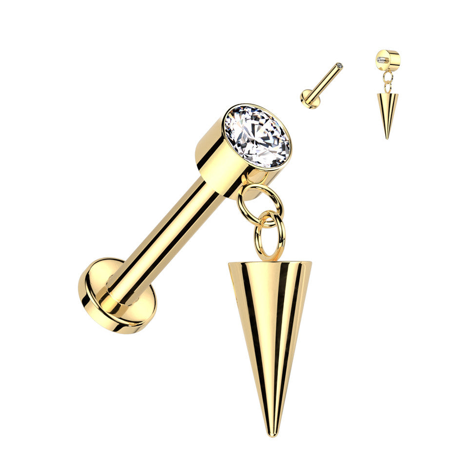 Titanium 16 Gauge Dangling Spike CZ Flat Back Labret Stud