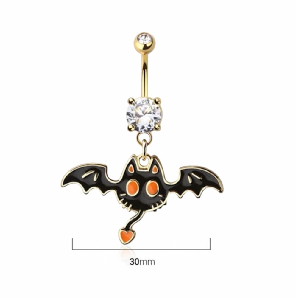 Surgical Steel Belly Ring 14G 10mm PVD Gold with Cat & Bat CZ Dangle - photo 2