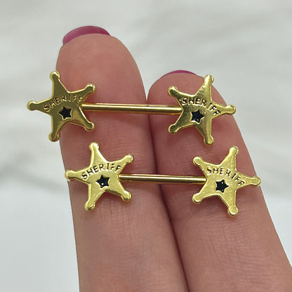 Surgical Steel Nipple Barbell 14G 14mm with Sheriff Badge Star - Pair - photo 6