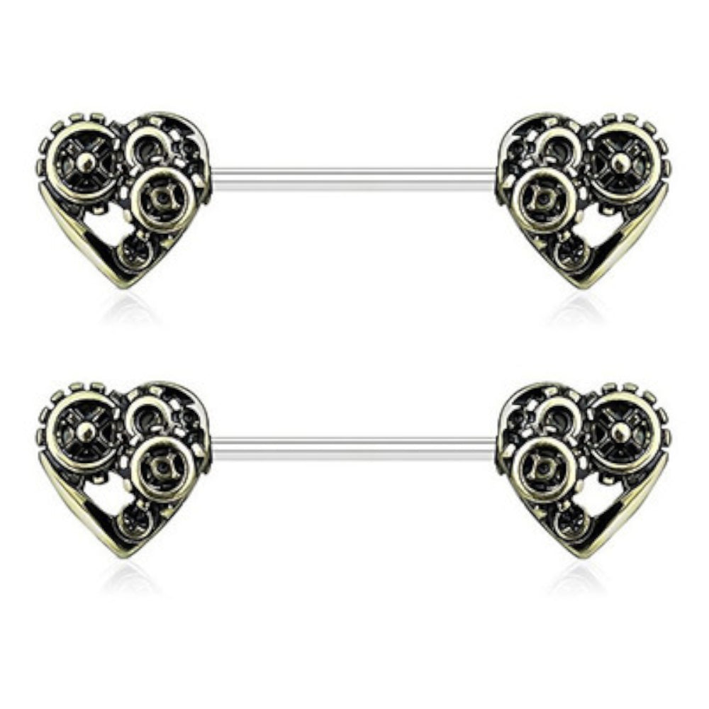 Surgical Steel 14 Gauge Nipple Barbell with Steampunk Heart - Pair - photo 5