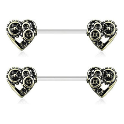 Surgical Steel 14 Gauge Nipple Barbell with Steampunk Heart - Pair - photo 5