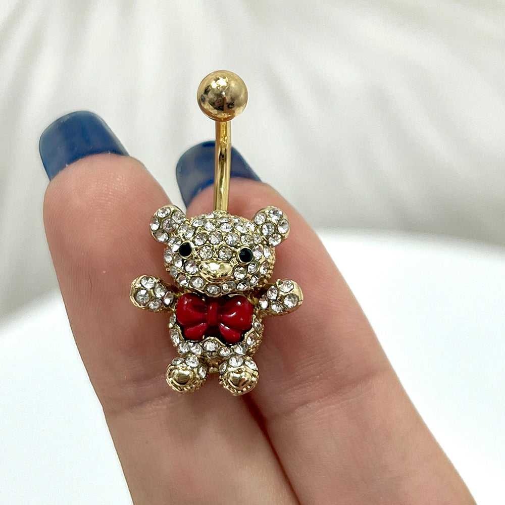PVD Gold Surgical Steel 14 Gauge Belly Ring with Red Bow Teddy Bear - photo 4