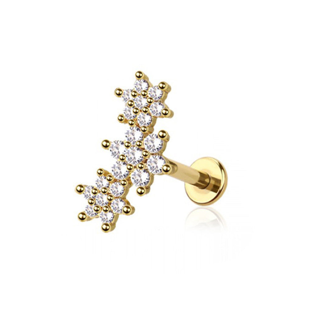 Surgical Steel 16 Gauge Triple Flower CZ Flat Back Labret Stud