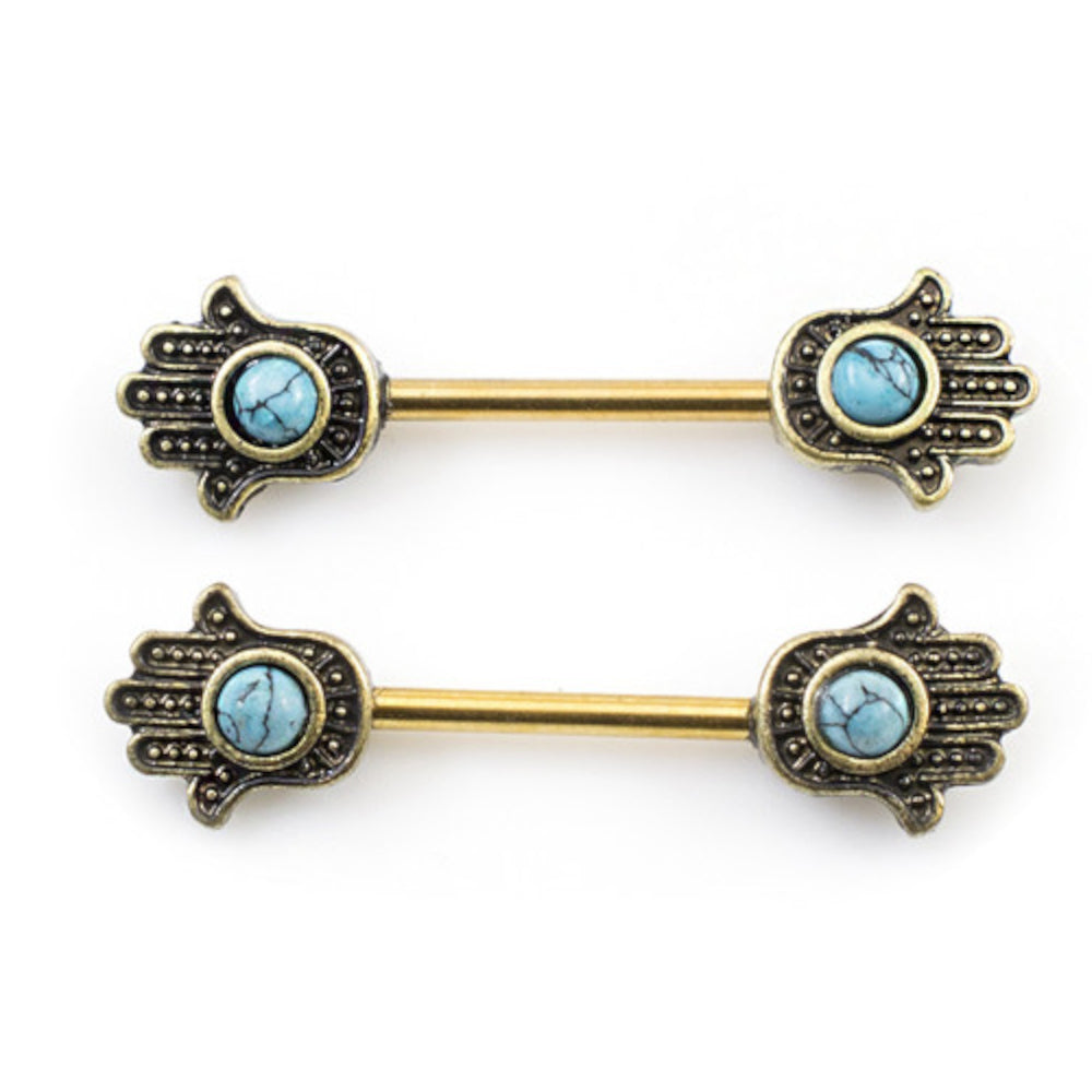 Surgical Steel Nipple Barbells with Turquoise Hamsa Hand - Pair - photo 6