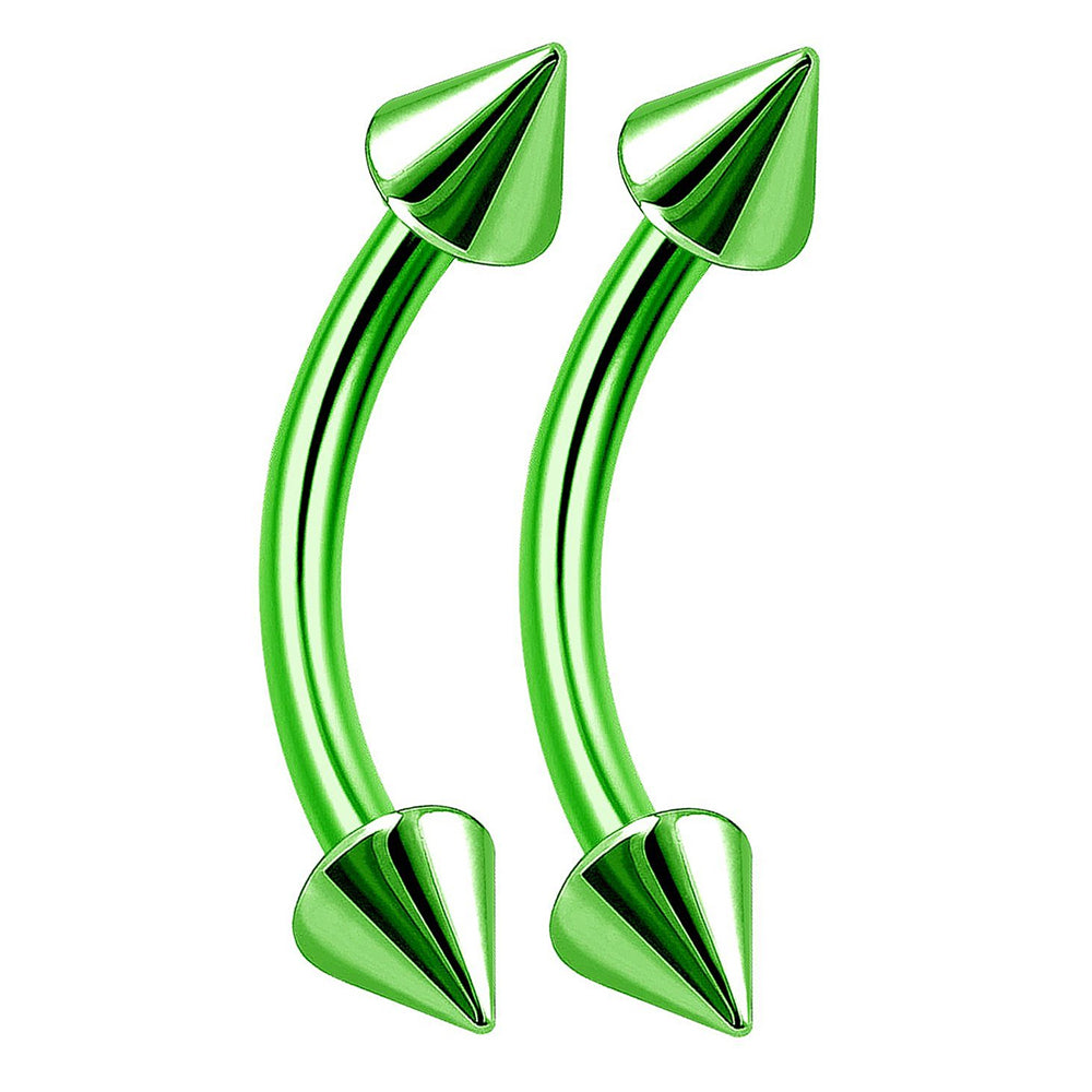 Surgical Steel PVD Green Spike End Curved Barbells 16G 8mm - Pair