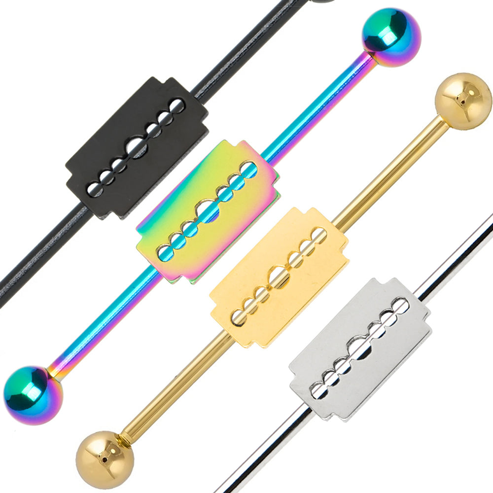 Surgical Steel 14 Gauge Industrial Barbell with PVD Razor Blade