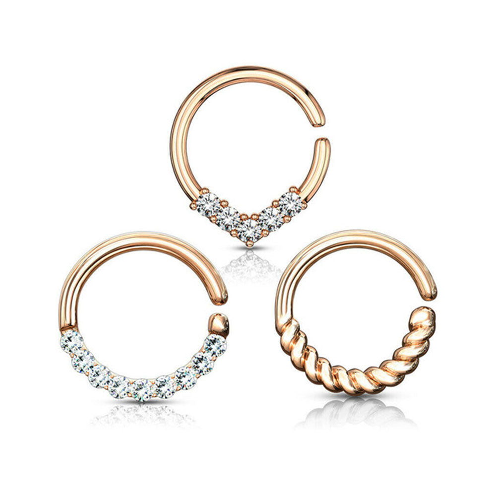 Surgical Steel 16 Gauge Crystal CZ Bendable Hoop Nose Rings - 3 Pack
