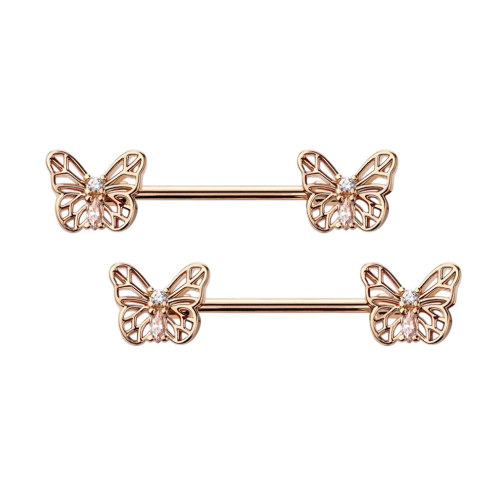 Surgical Steel 14 Gauge Nipple Barbell with CZ Butterfly - Pair