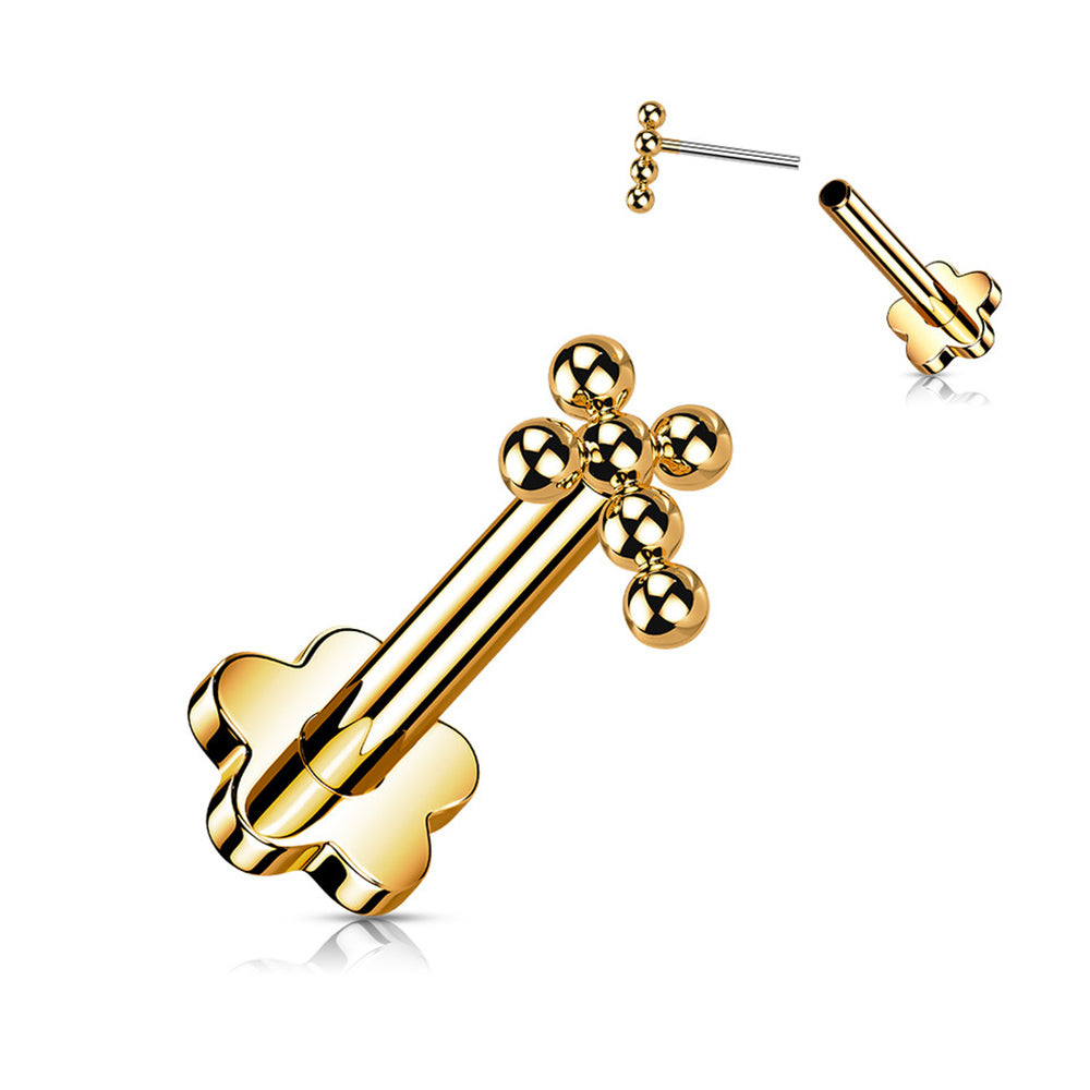 Titanium 16 to 20 Gauge Beaded Ball Cross Flat Back Labret Stud