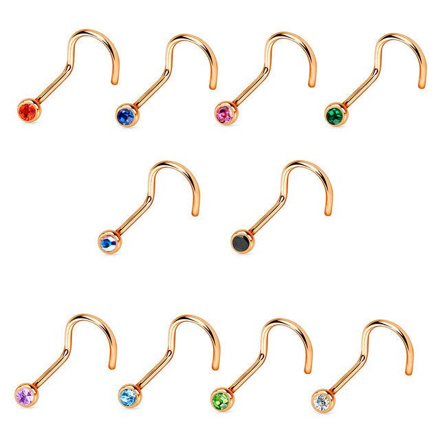 Rose Gold Surgical Steel Nose Screw with Bezel Set CZ - 18 & 20 Gauge