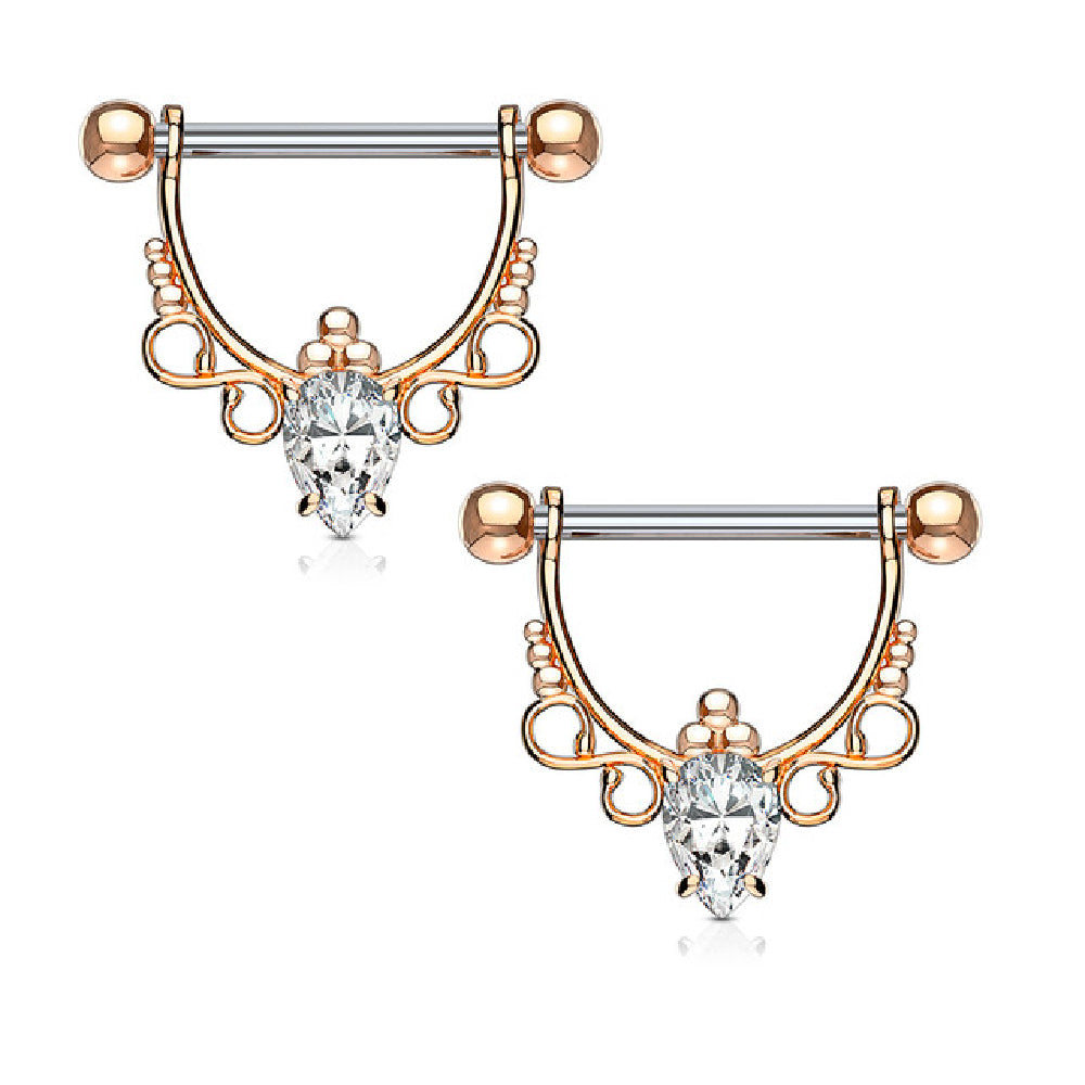 Surgical Steel 14 Gauge Nipple Shield Rings with CZ Pear Dangle - Pair - photo 3