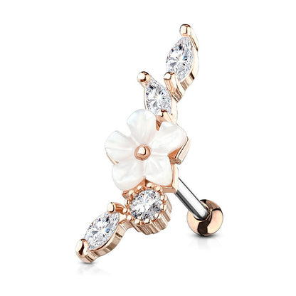 Surgical Steel 16 Gauge Tragus Barbell with CZ Pearl Flower Tops - photo 4
