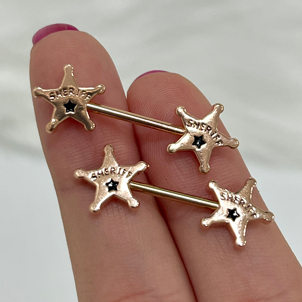 Surgical Steel Nipple Barbell 14G 14mm with Sheriff Badge Star - Pair - photo 7