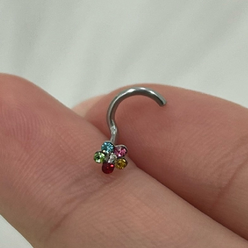 Surgical Steel Corkscrew Nose Ring 18G & 20G 6mm with CZ Flower - photo 8