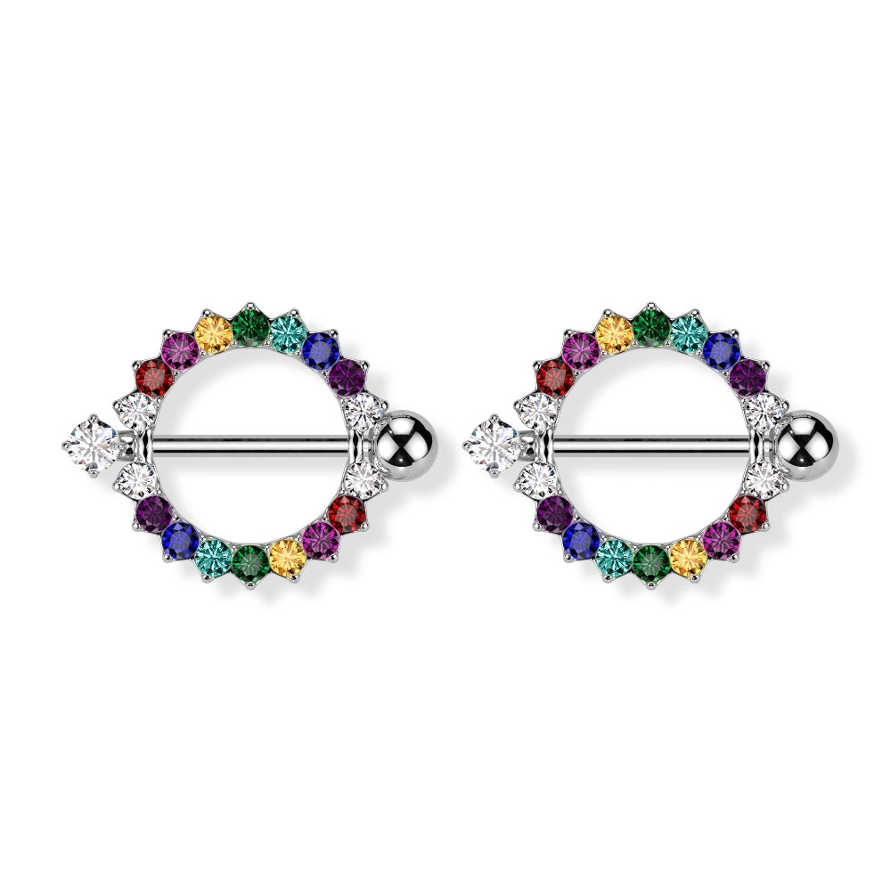 Surgical Steel Nipple Shield with Rainbow CZ Circle of Life - Pair