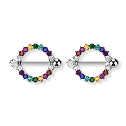 Surgical Steel Nipple Shield with Rainbow CZ Circle of Life - Pair