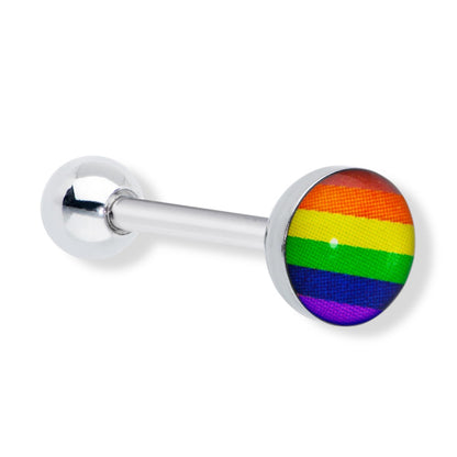 Surgical Steel 14 Gauge Tongue Barbell with Rainbow Pride Flag