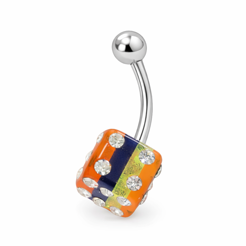 Surgical Steel 14 Gauge Belly Ring with Rainbow Acrylic UV Dice