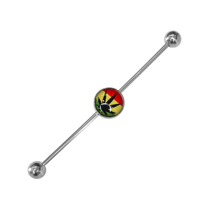 Surgical Steel 16 Gauge Industrial Barbell with Rasta Pot Leaf Logo