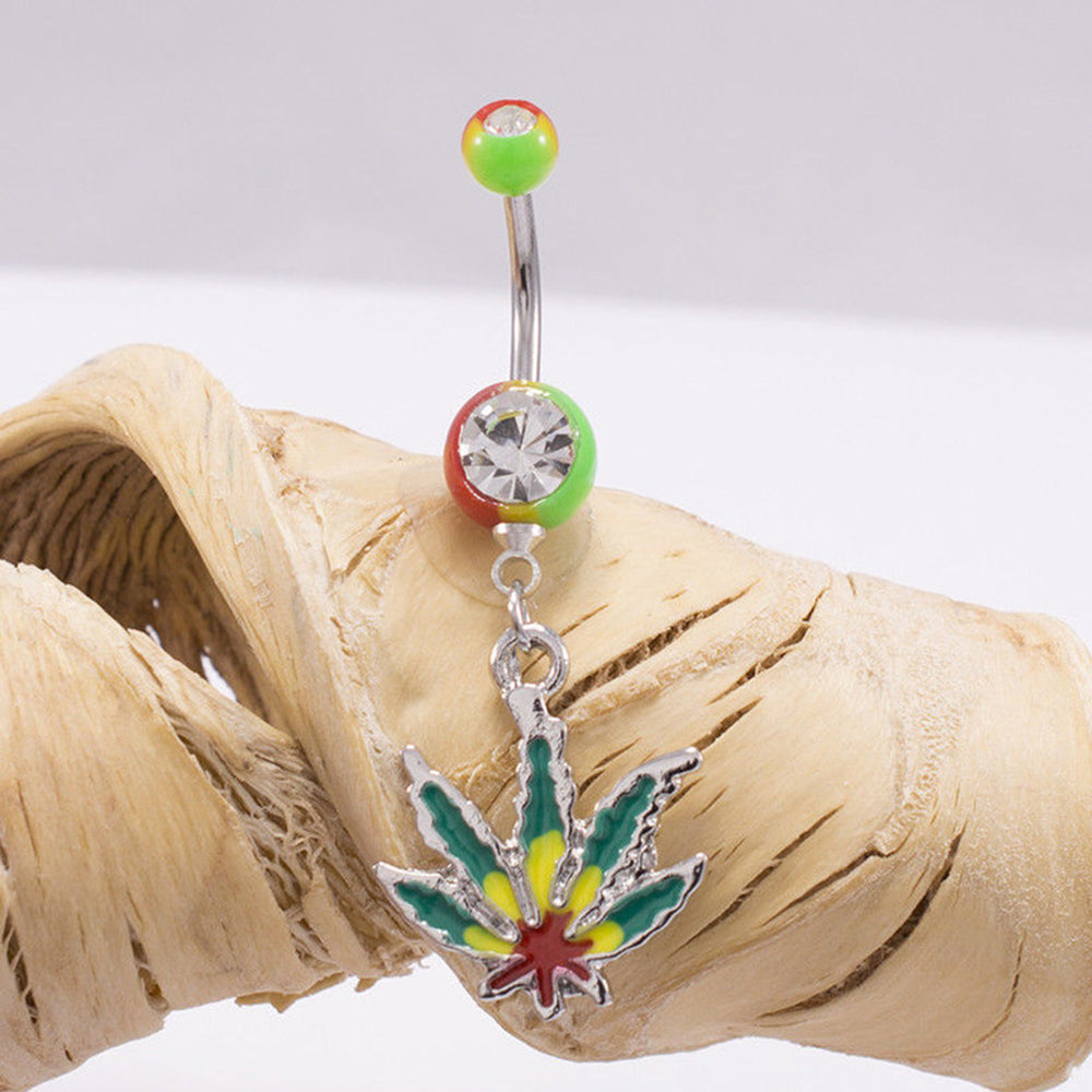 Surgical Steel 14 Gauge Belly Ring with Rasta Marijuana Leaf - photo 2