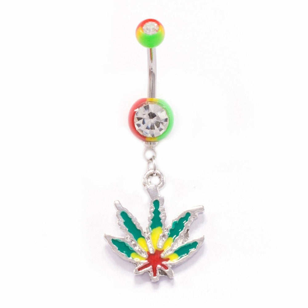 Surgical Steel 14 Gauge Belly Ring with Rasta Marijuana Leaf