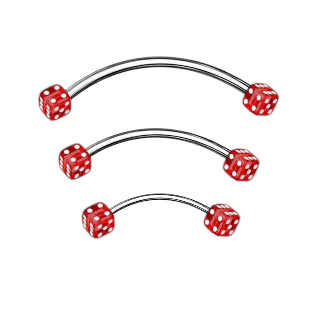 Surgical Steel & Titanium Curved Barbell 16G with Red Acrylic Dice