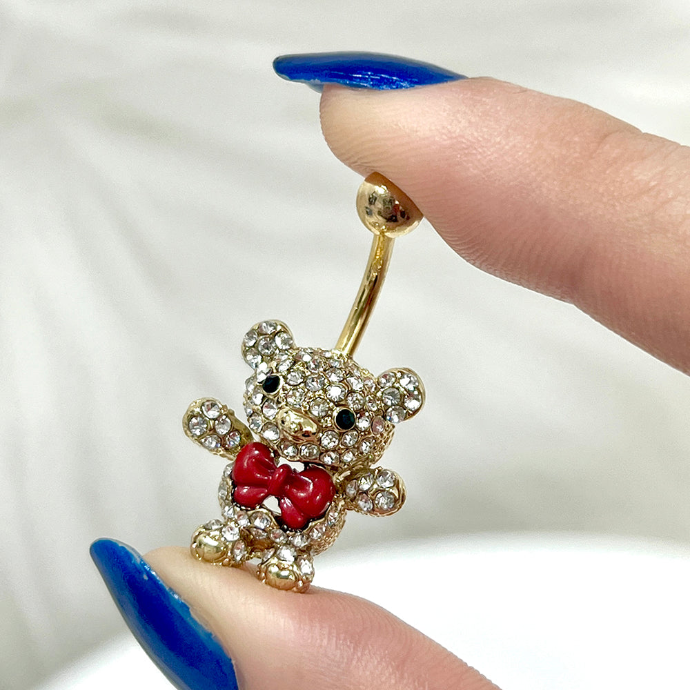 PVD Gold Surgical Steel 14 Gauge Belly Ring with Red Bow Teddy Bear - photo 3