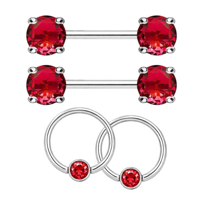 Surgical Steel 14 Gauge Nipple Barbell & Red CZ Captive Bead - Pair